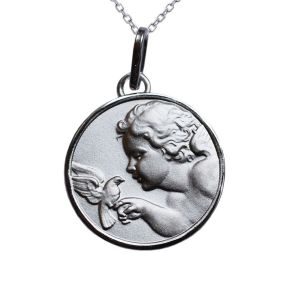 Médaille Chérubin et colombe en argent massif personnalisée Médaille Chérubin et colombe en argent massif personnalisée