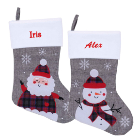 Botte de Noël effet lin gris brodée prénom