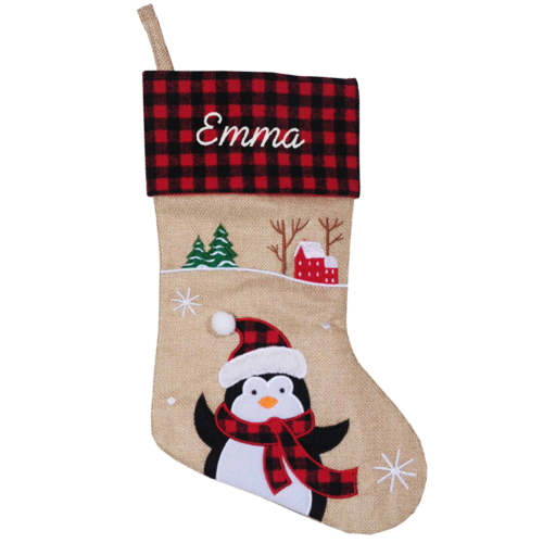 botte de noël beige écossaise brodée bonhomme de neige pingouin