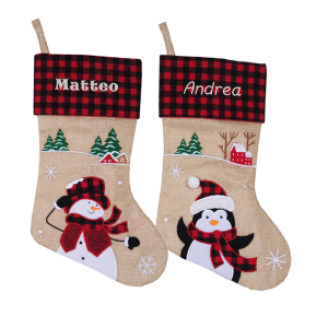 Botte de Noël beige écossaises brodée