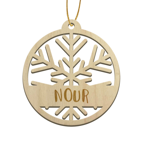 Boule de Noël en bois gravée avec prénom modèle Flocon de Neige découpé