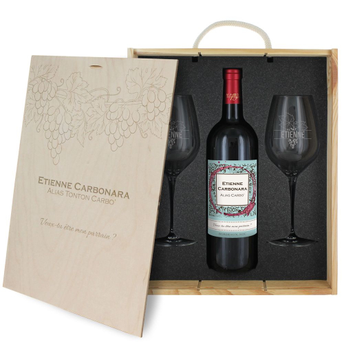 Caisse vin 3 pièces gravée vignes