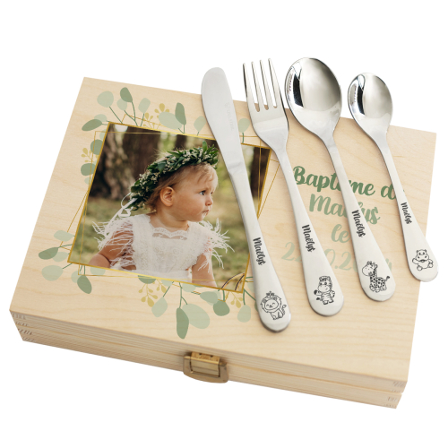 Coffret de couvert en bois pour enfant imprime nature 