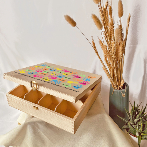 coffret à thé petites mains d'enfants 12 rangements