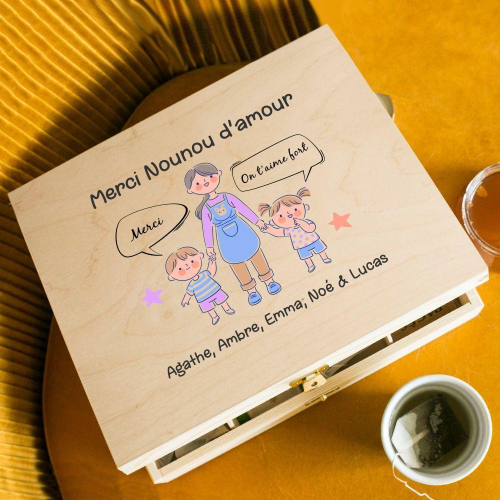 boîte à thé 12 rangements imprimé famille style animé