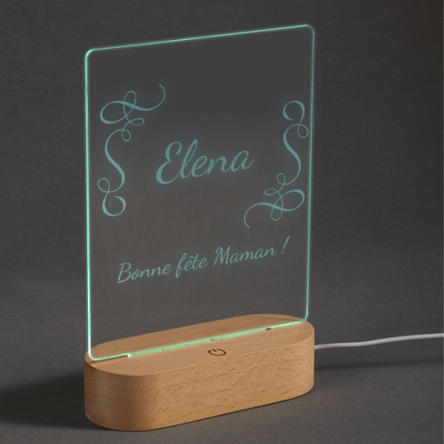 Lampe gravée prénom sur plexiglas et socle bois