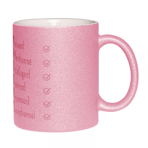 Mug à paillettes Les qualités du Maître rose