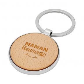 Porte-clés rond en bois Maman Heureuse