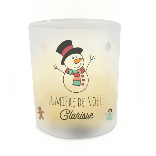 Bougie en verre de Noël avec design bonhomme de neige