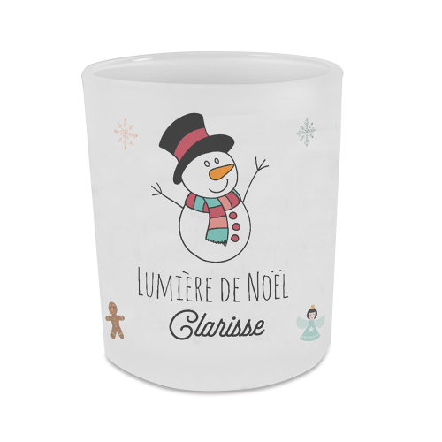 Bougie de Noël en verre satiné avec bonhomme de neige