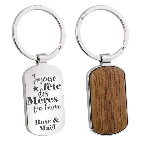 Porte-clés gravé Fête des mères métal et bois - Joyeuse fête Maman