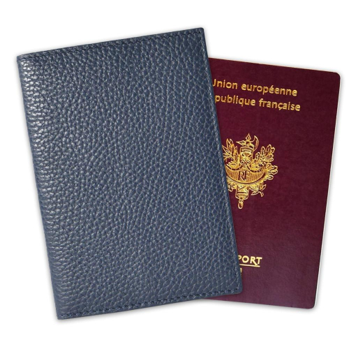 Protège passeport cuir gravé cadre fleurs marine