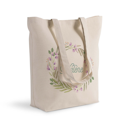 Couronne de fleurs et prénom imprimé sur tote bag shopping