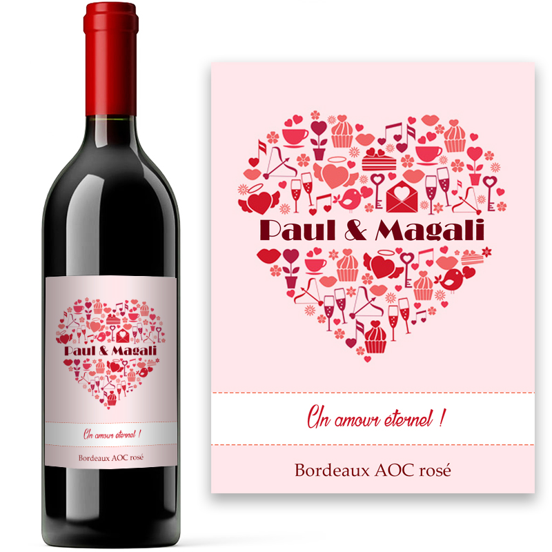 Bouteille de bordeaux avec étiquette Coeur