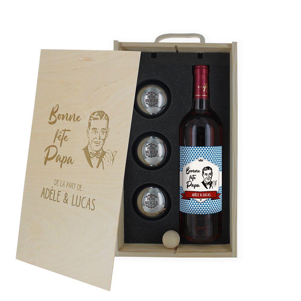 Caisse vin et pétanque gravée Fête des Pères
