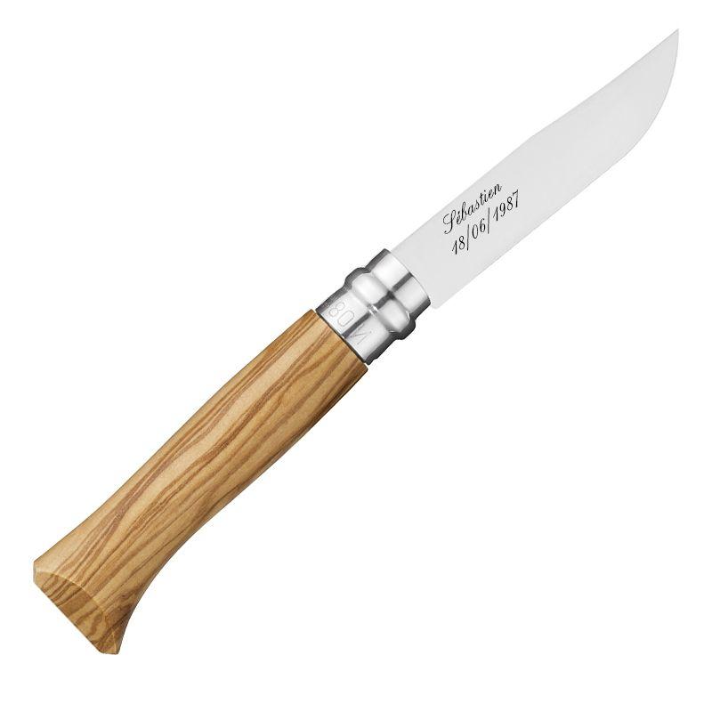 Coffret couteau Opinel n°8 manche en Olivier personnalisé