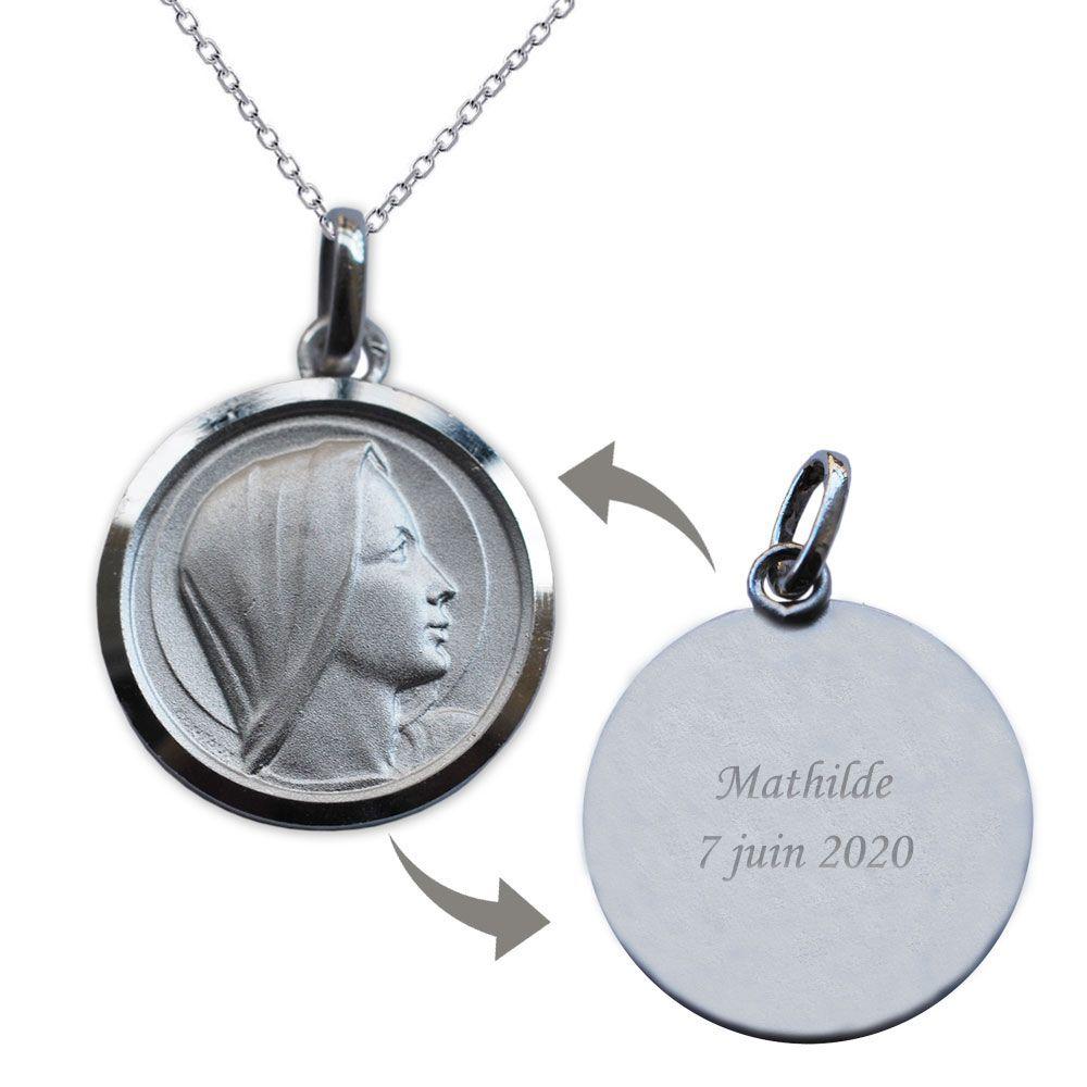 Médaille de baptême Sainte Vierge en argent massif