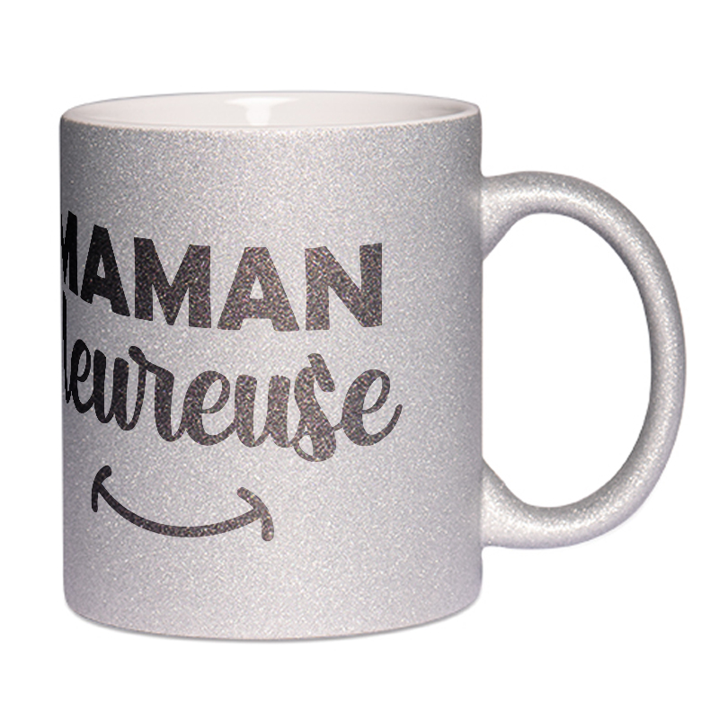 Mug à paillettes argenté Maman heureuse