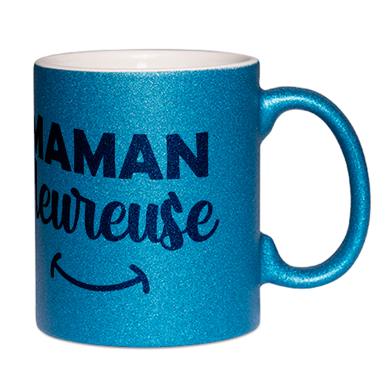 Mug à paillettes bleu Maman heureuse