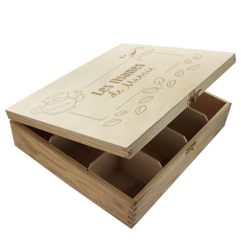 Coffret en bois à thé 12 compartiments gravé