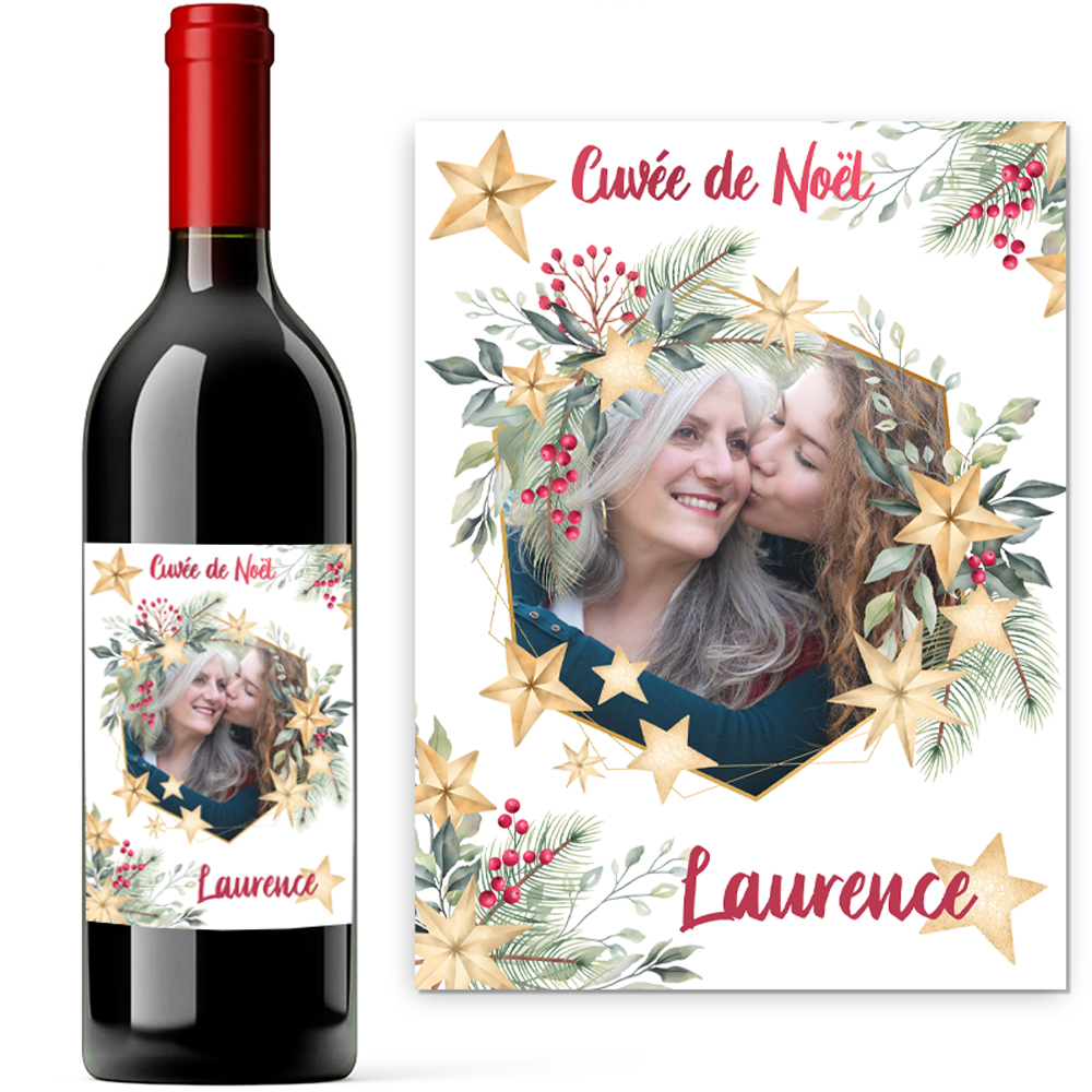 Bouteille de vin avec étiquette personnalisée photo de Noël