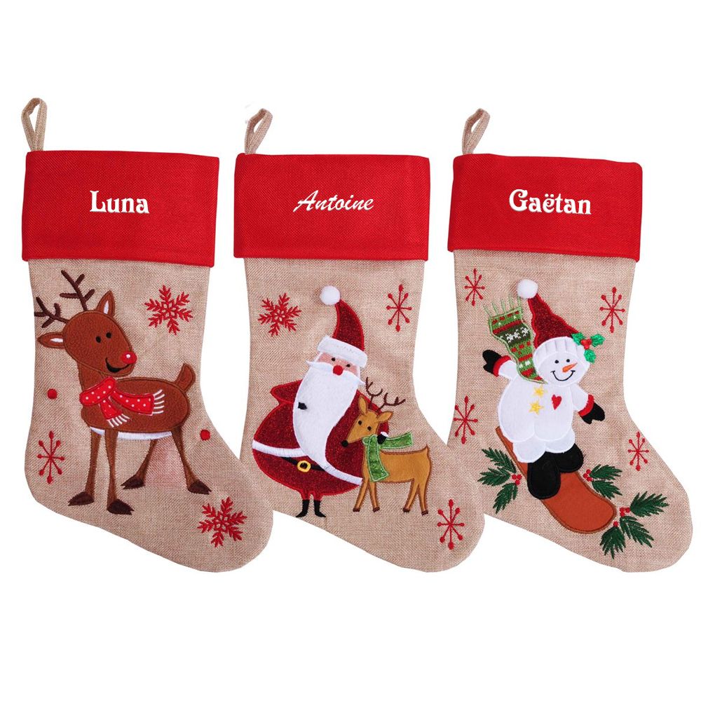 Chaussette de Noël rouge et beige personnalisée avec un prénom