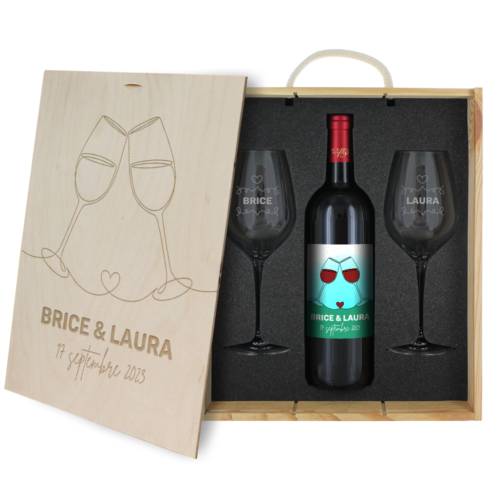 Coffret cadeau vin : 2 verres à pied et bouteille personnalisé Bastide Amour